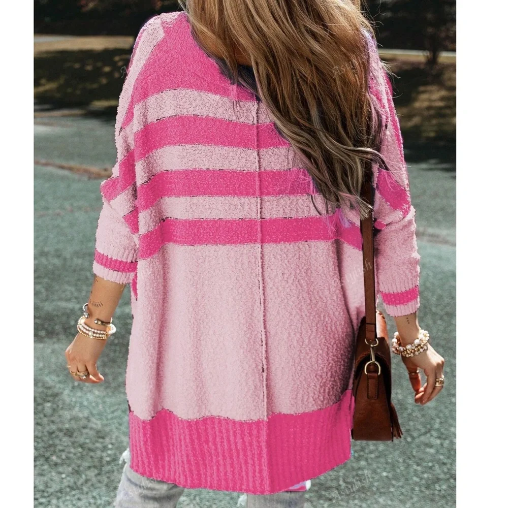 Cozy Color block Striped Button Down Oversized High Low Cardigan - Picture 6 of 11